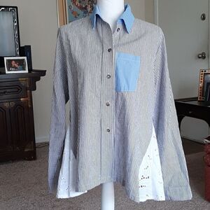 Vitamin grey, white, and blue stripped swing shirt